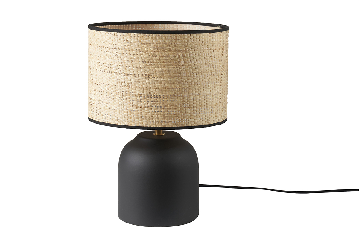 Lampe � poser noire en c�ramique mate et abat-jour en raphia H35 cm ROCHA