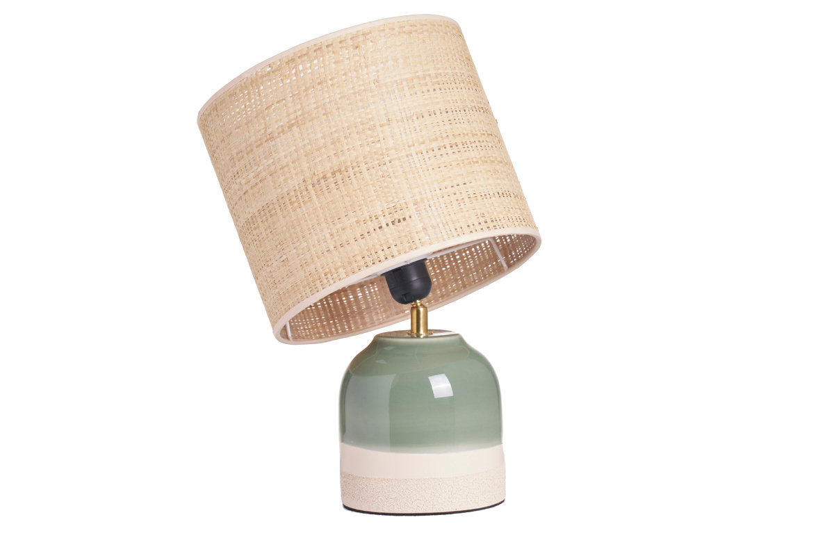Lampe � poser verte en c�ramique et abat-jour en rabane H35 cm PIEGA