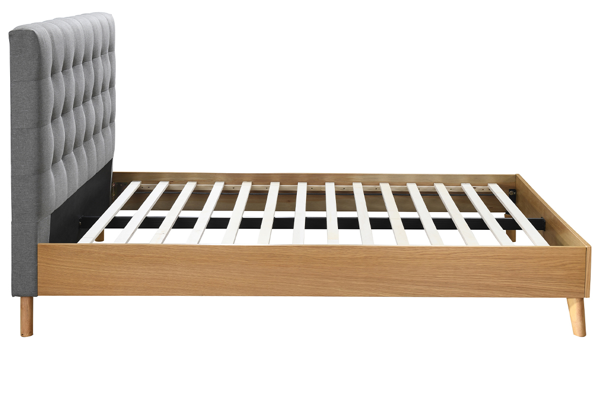 Lit 2 places 140x200cm en bois et tissu gris capitonn� LYNN