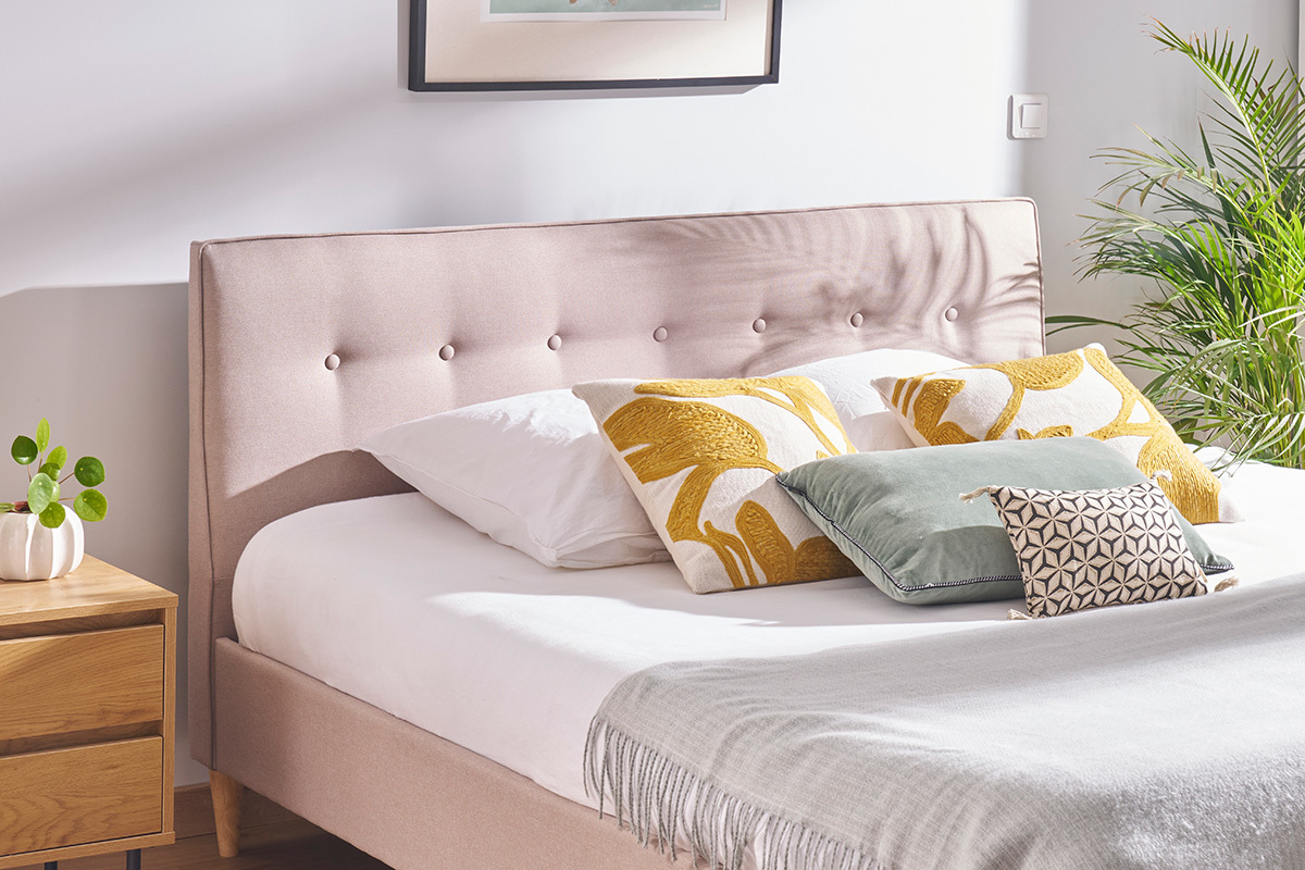 Lit 2 places 160x200 cm avec t�te de lit en tissu beige LEONCE