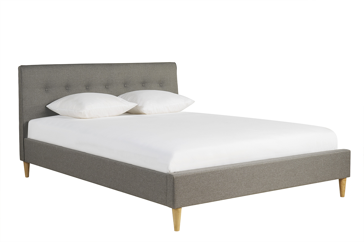 Lit 2 places 160x200 cm avec t�te de lit en tissu gris clair LEONCE