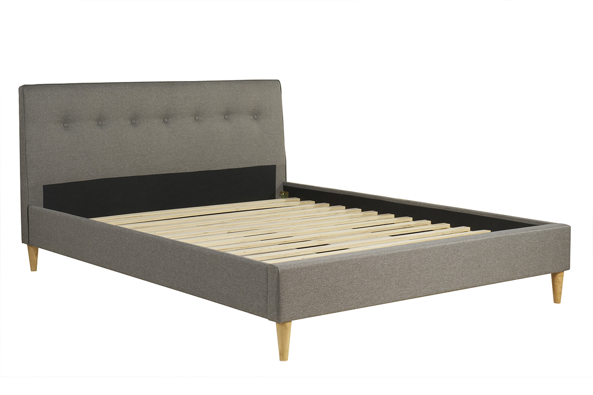 Lit 2 places 160x200 cm avec t�te de lit en tissu gris clair LEONCE
