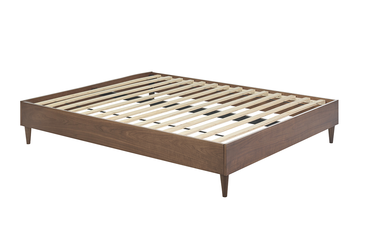 Lit 2 places 160x200 cm en bois fonc� avec sommier � lattes, vue de c�t�