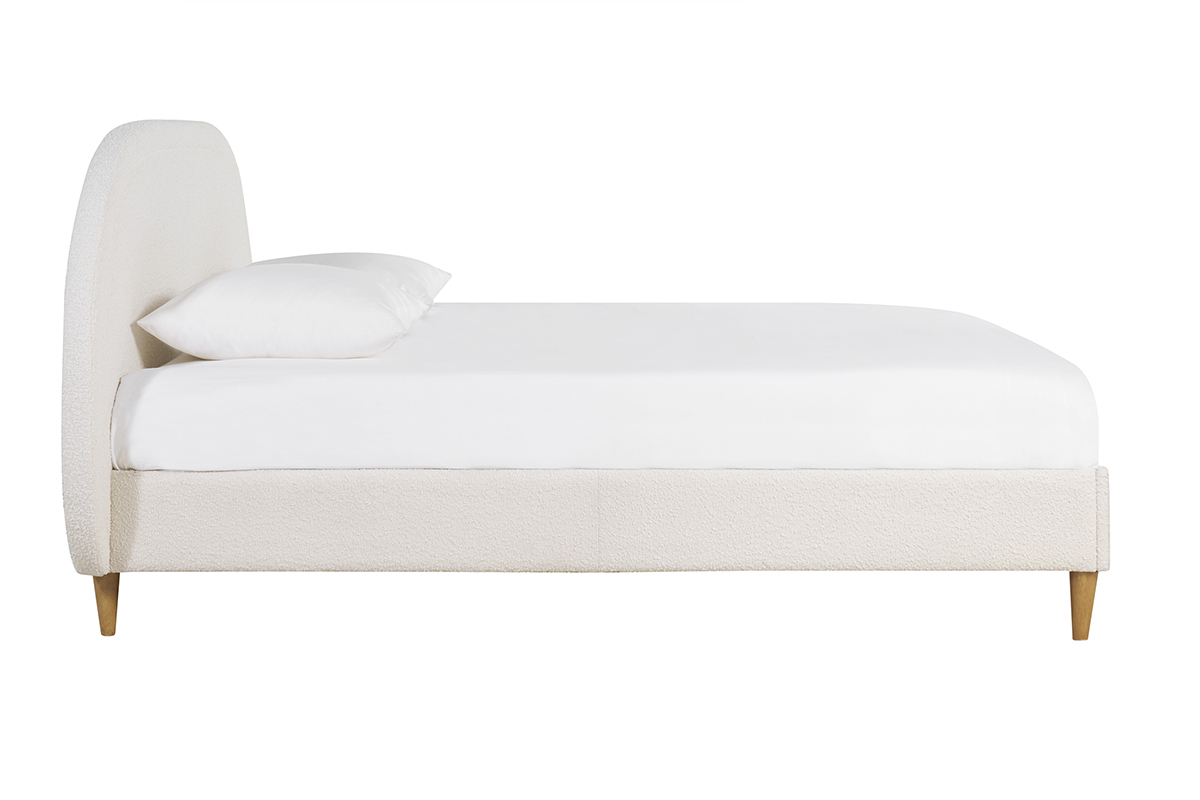 Lit 2 places 160x200 en tissu blanc effet laine boucl�e, vue de c�t�.