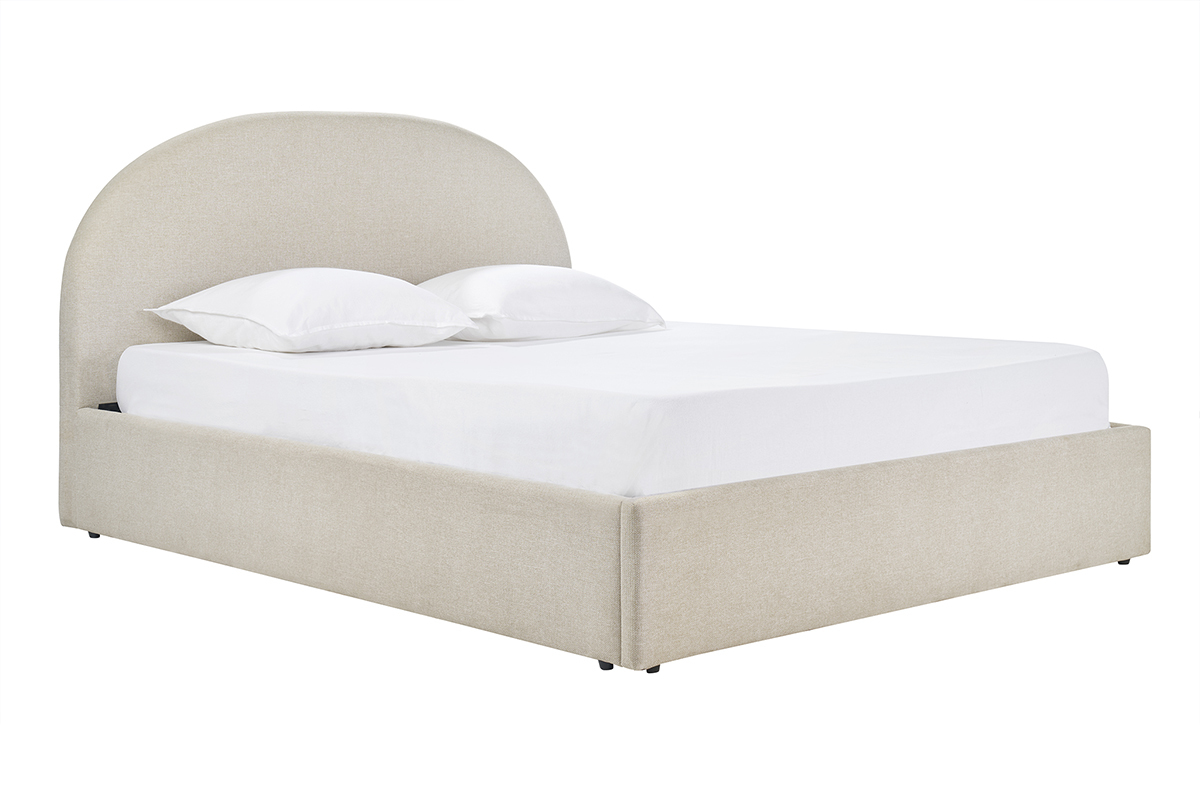Lit coffre beige 160x200 cm OREN en tissu, vue de 3/4.