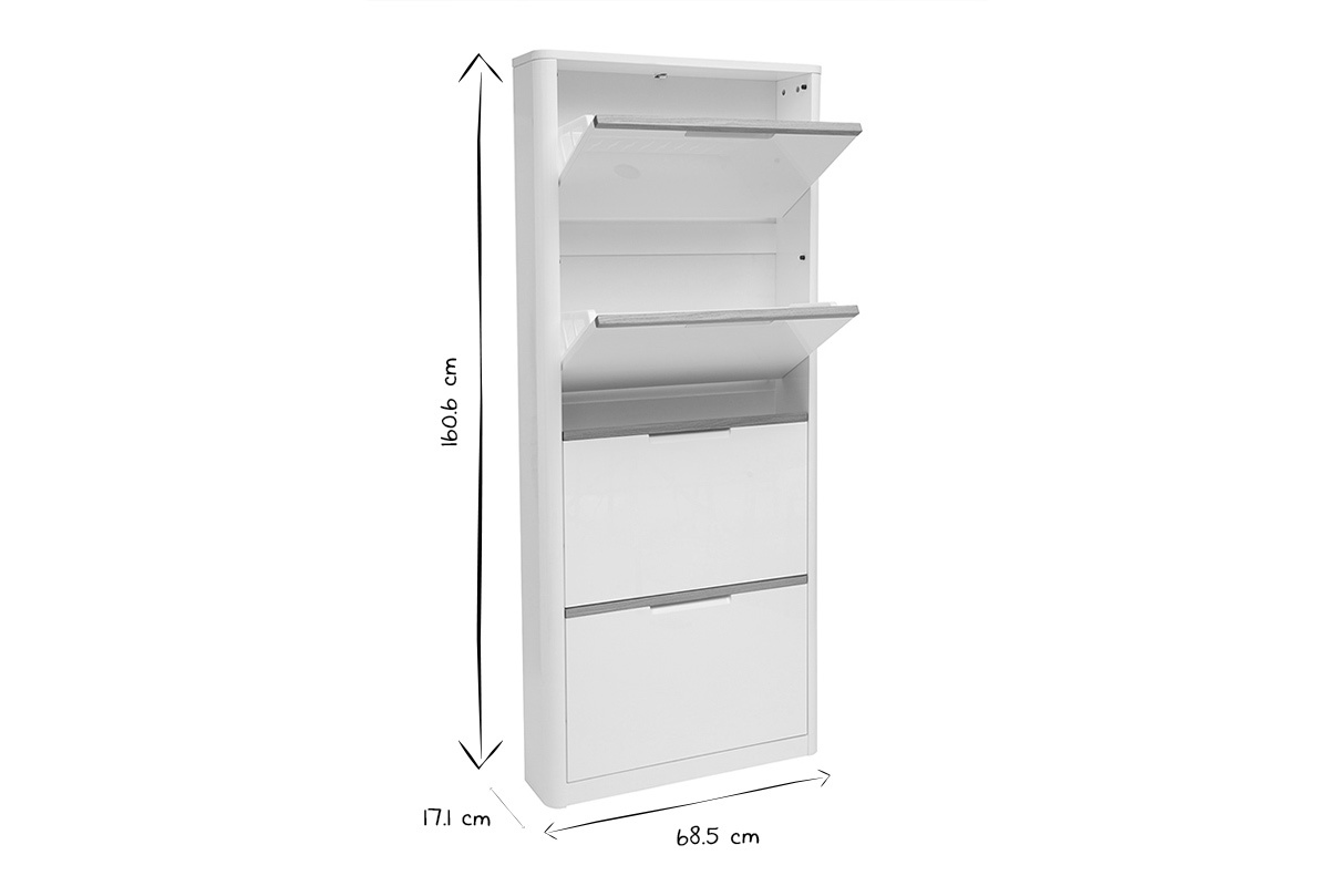 Meuble � chaussures 4 portes, dimensions L68.5xP17.1xH160.6 cm, finition blanc laqu�, vue de perspective, en noir et blanc.