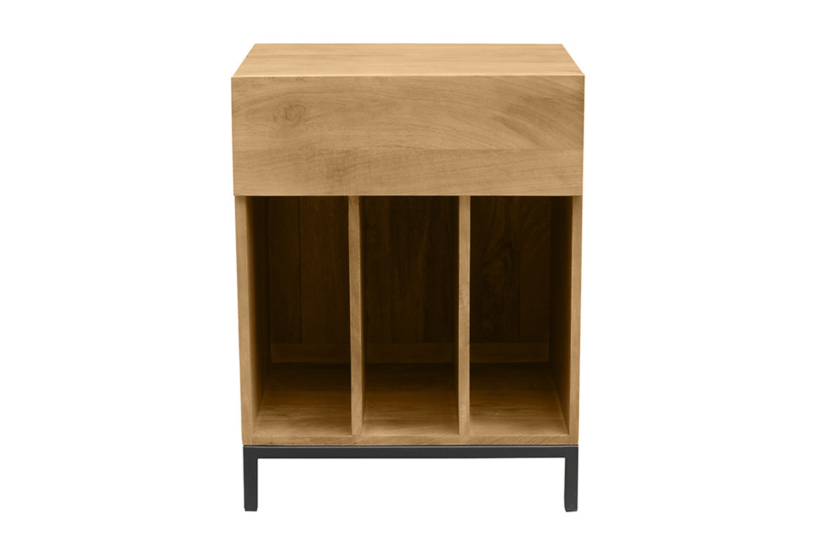 Meuble de rangement vinyles YPSTER en bois massif, vue de face avec tiroir et compartiments ouverts