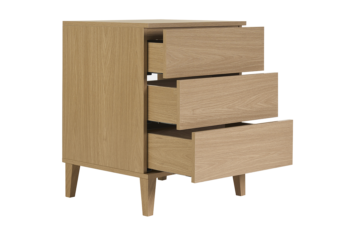 Meuble de salle de bain en bois ch�ne, trois tiroirs ouverts, vue de trois quarts