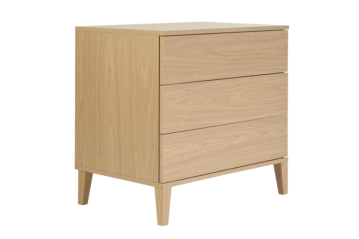Meuble de salle de bain finition bois ch�ne L80 cm avec trois tiroirs, vue de trois quarts.