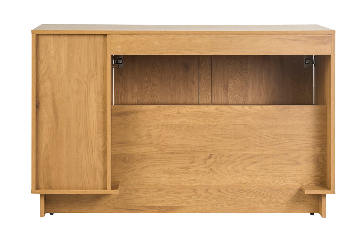 Meuble de salle de bain en bois clair ch�ne avec cannage rotin, vue de dos