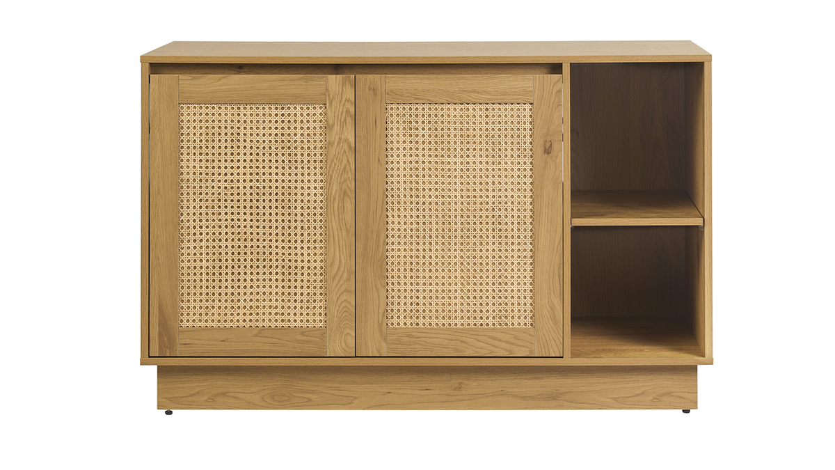 Meuble de salle de bain finition bois clair ch�ne et cannage rotin L120 cm ALICANTE