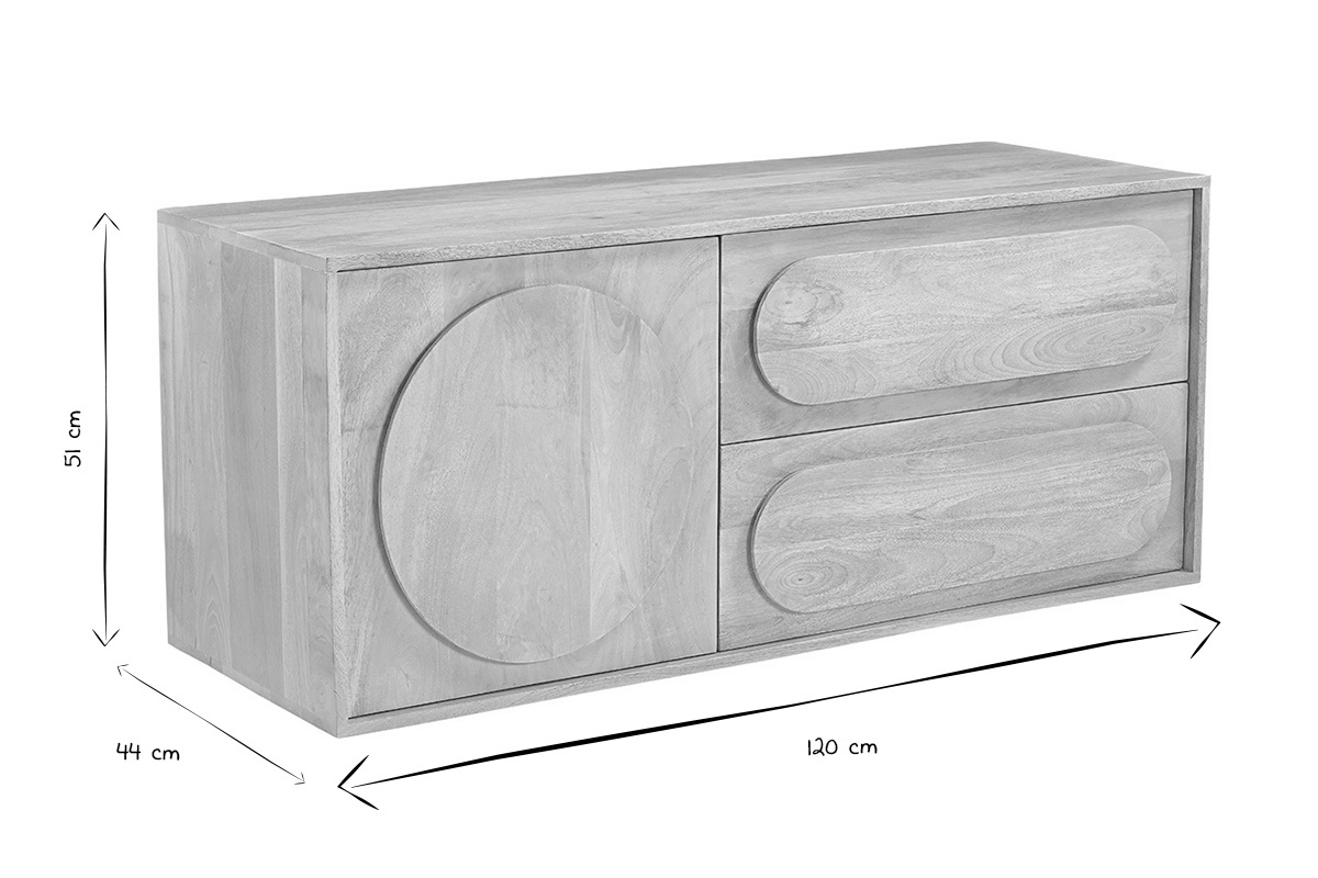 Meuble de salle de bain suspendu en bois manguier massif avec dimensions en noir et blanc : L120 x P44 x H51 cm.