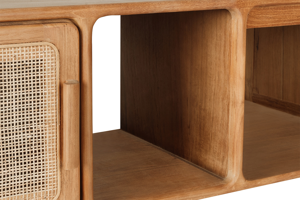 D�tail du meuble de salle de bain suspendu en bois de teck massif et cannage rotin BALIA