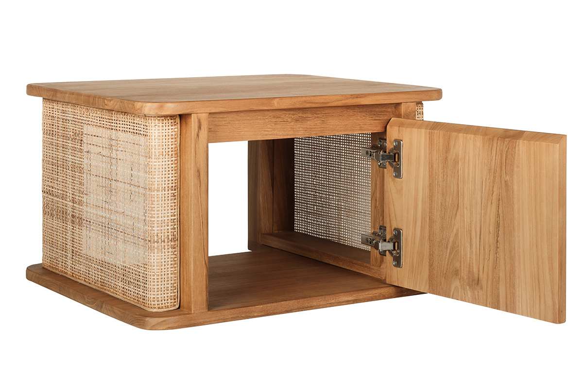 Meuble de salle de bain suspendu en bois teck massif avec porte en cannage rotin, vue de face.