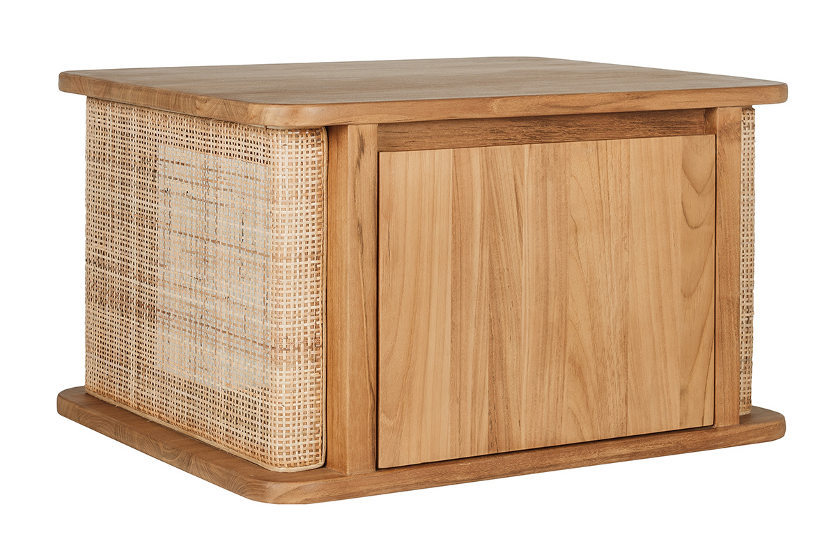 Meuble de salle de bain suspendu en bois teck avec cannage, vue de trois quarts.