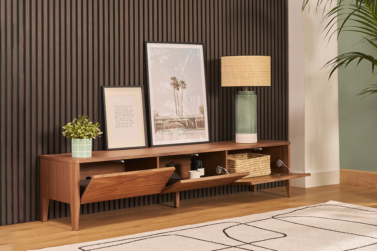 Meuble TV bois fonc� noyer 3 tiroirs L180 cm BENJA