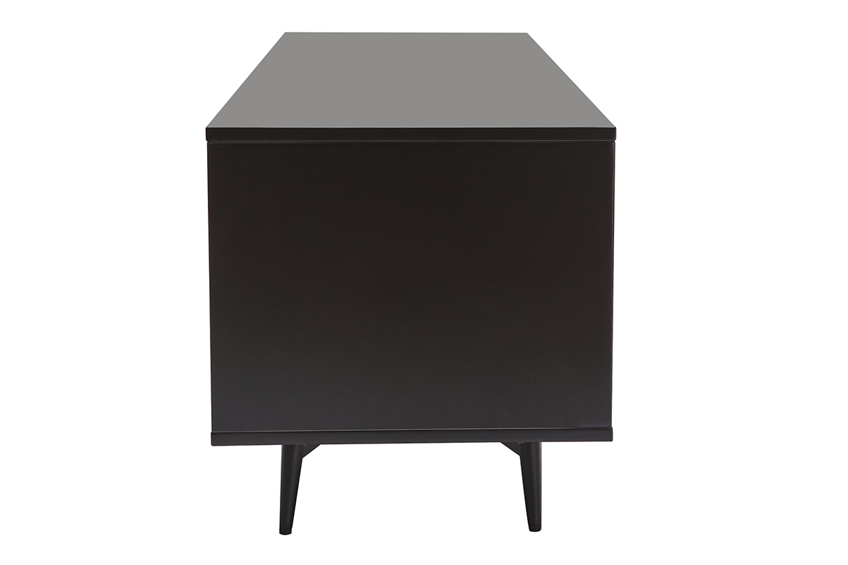 Meuble TV bois fonc� noyer, noir mat et m�tal noir 2 portes 1 tiroir L160 cm MERMOZ