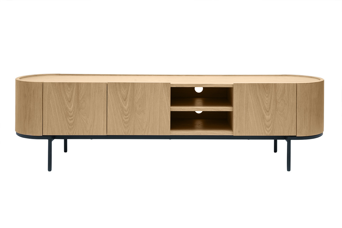 Meuble TV design bois clair et m�tal noir avec rangements L180 cm SKYE