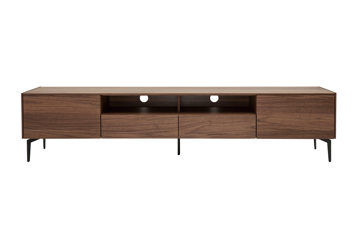 Meuble TV design bois fonc� noyer et m�tal noir 2 portes 2 tiroirs L200 cm BLISS