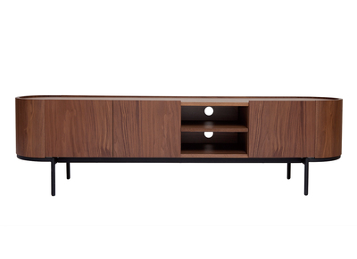 Meuble TV design bois fonc&eacute; noyer et m&eacute;tal noir avec rangements L180 cm SKYE