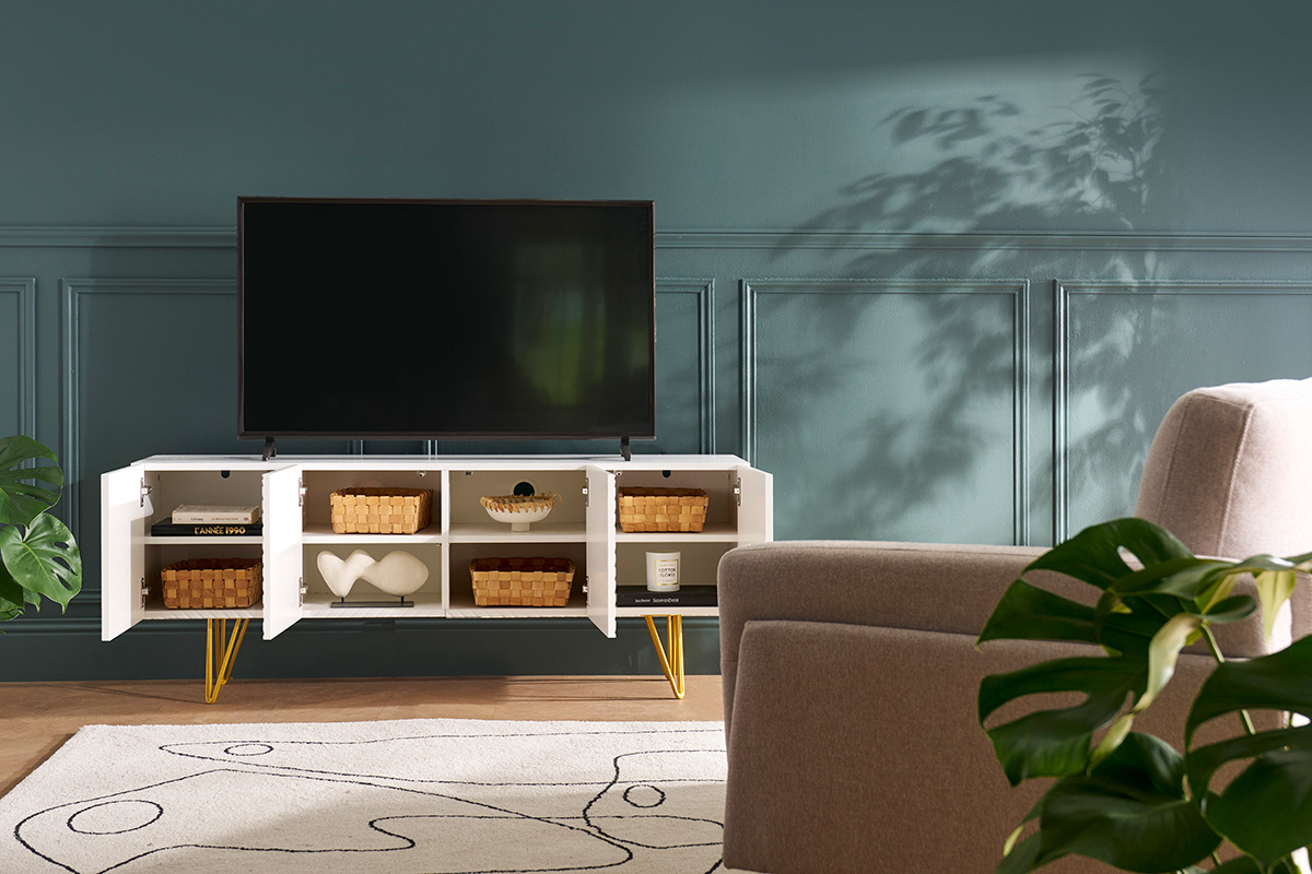 Meuble TV design grav� blanc et m�tal dor� L140 cm OZEN