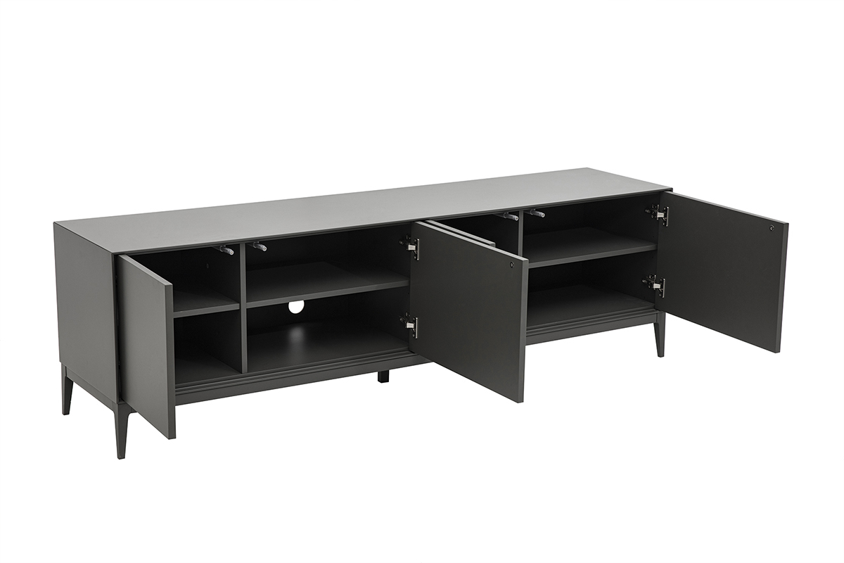 Meuble TV gris brillant avec portes ouvertes, vue de 3/4.