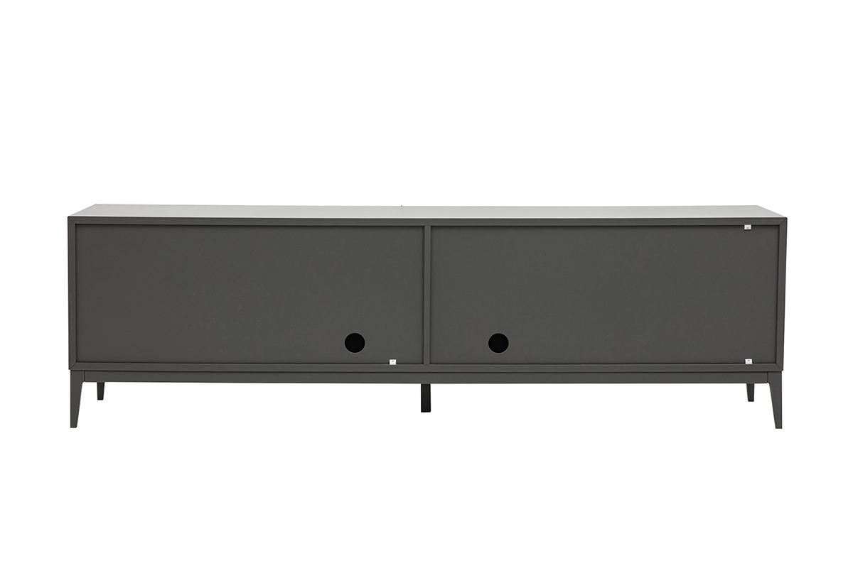 Meuble TV design gris brillant avec rangements, vue de dos.