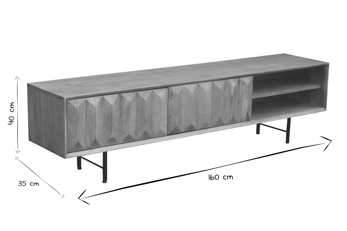 Meuble TV en bois massif, dimensions L160 x P35 x H40 cm, en noir et blanc.