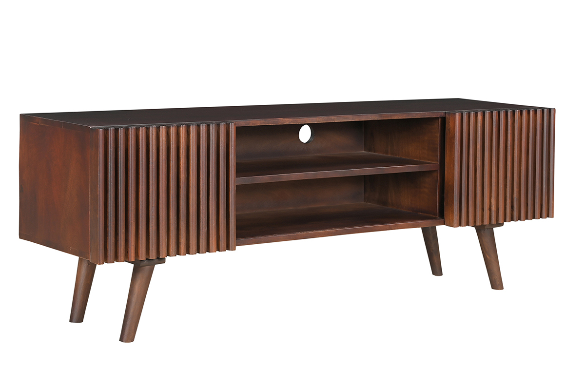 Meuble TV en manguier massif teint� bois fonc� avec portes coulissantes L140 cm ALBA