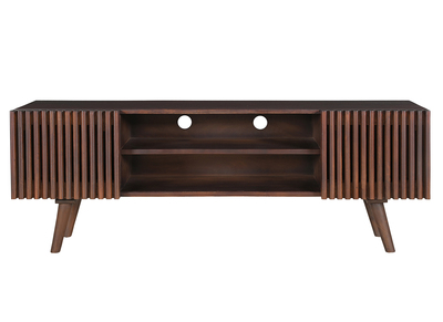 Meuble TV en manguier massif teint&eacute; bois fonc&eacute; avec portes coulissantes L140 cm ALBA