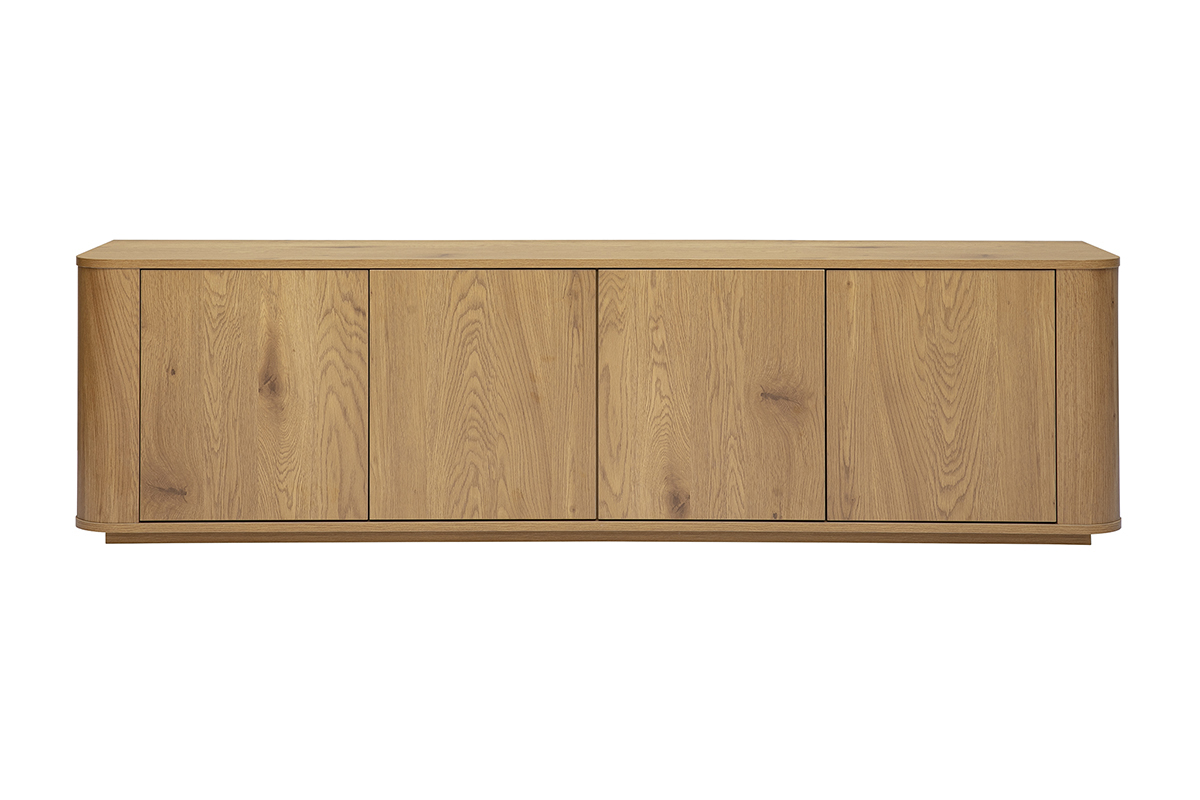 Meuble TV contemporain en ch�ne clair avec 4 portes, vue de face, dimensions L180 cm