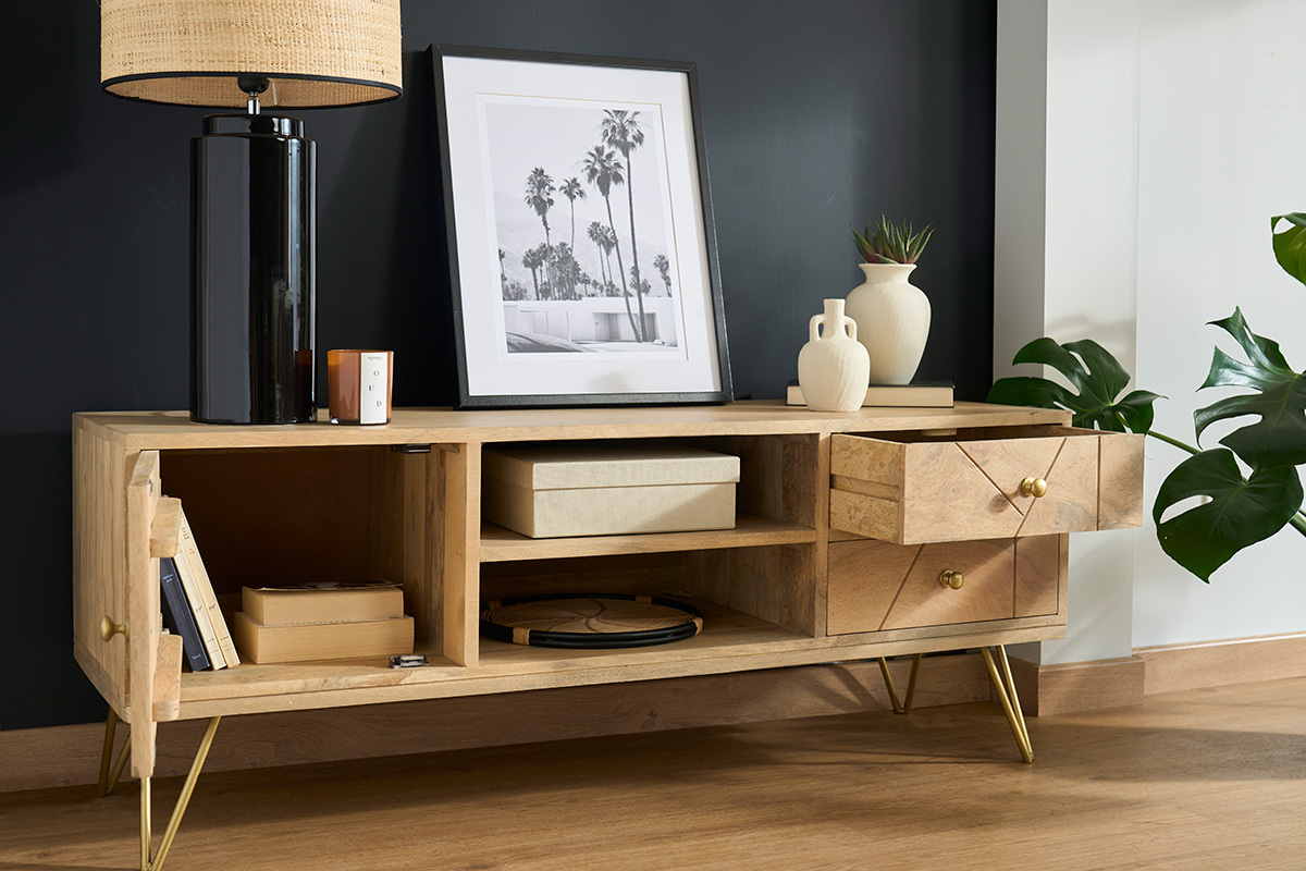 Meuble TV grav� en bois manguier massif et m�tal L130 LINIUM