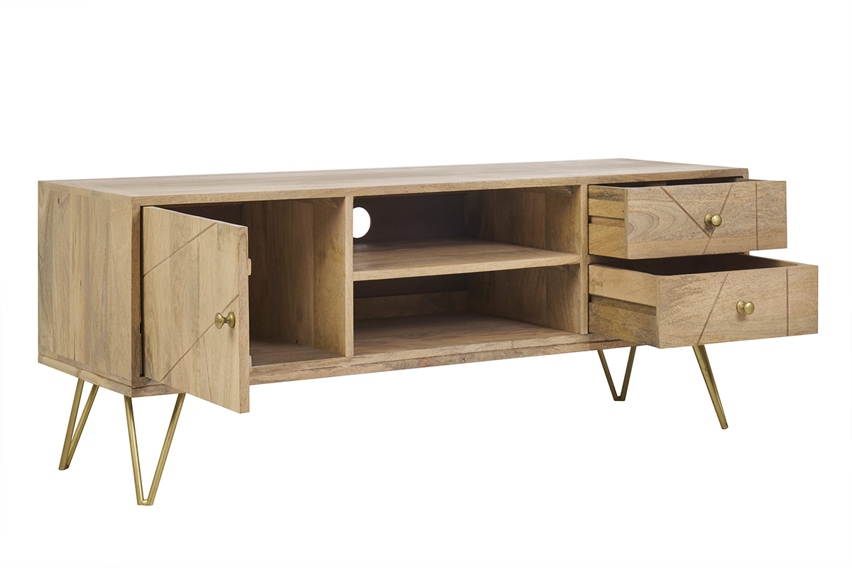 Meuble TV grav� en bois manguier massif et m�tal L130 LINIUM