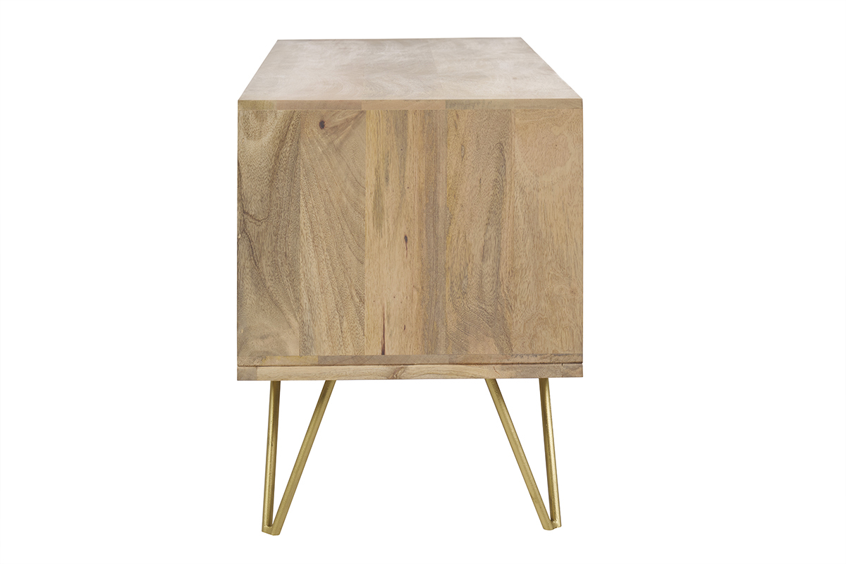 Meuble TV grav� en bois manguier massif et m�tal L130 LINIUM