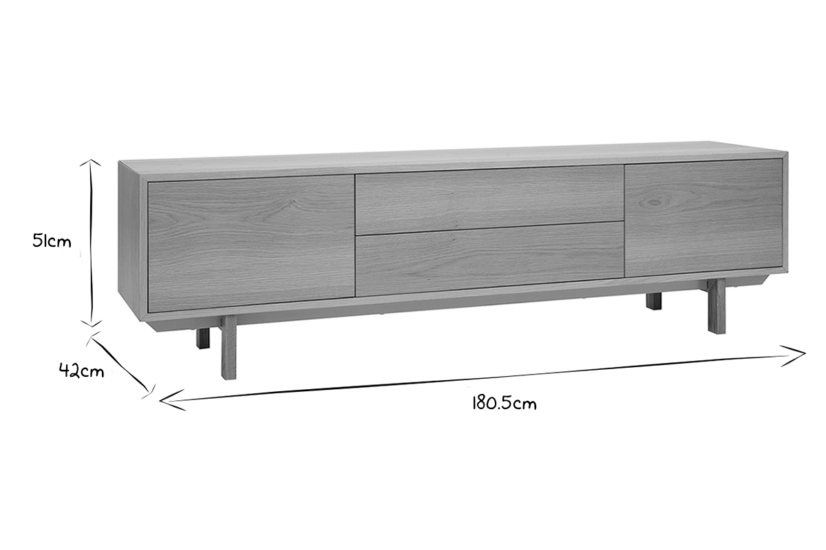 Meuble TV scandinave bois clair ch�ne 2 portes 2 tiroirs L180cm SID