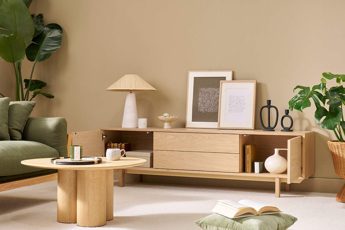 Meuble TV scandinave bois clair ch�ne 2 portes 2 tiroirs L180cm SID