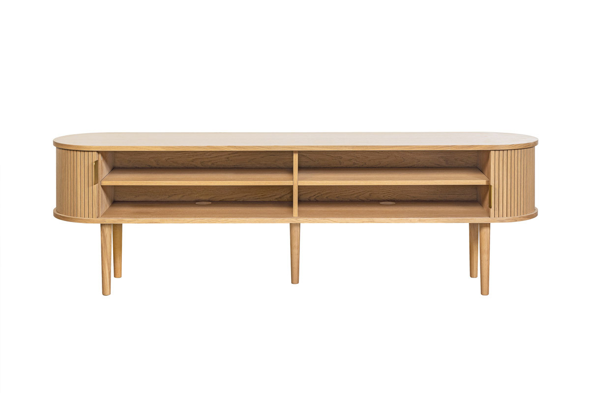 Meuble TV vintage bois clair ch�ne avec rangements 2 portes coulissantes L180 cm EPIC