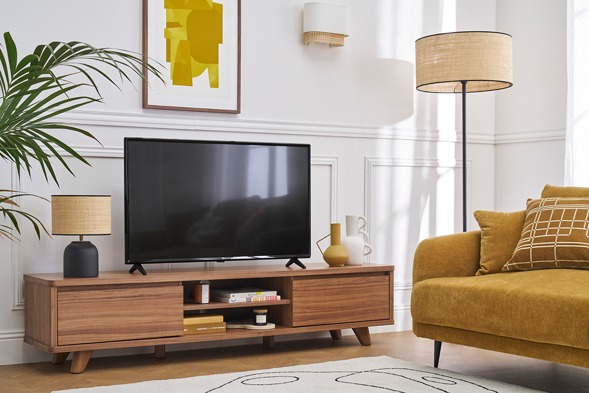 Meuble TV vintage bois fonc� noyer 2 portes L180 cm FIFTIES