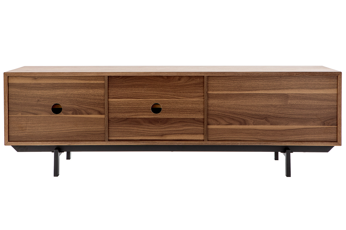 Meuble TV vintage en bois fonc� avec pieds en m�tal, vue de dos.