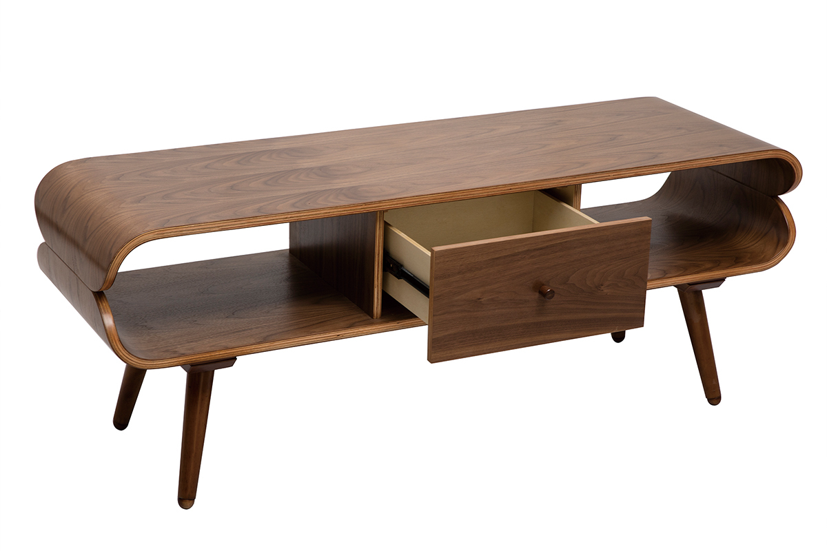 Meuble TV en bois fonc� avec tiroir ouvert, pieds arrondis, vue de 3/4.