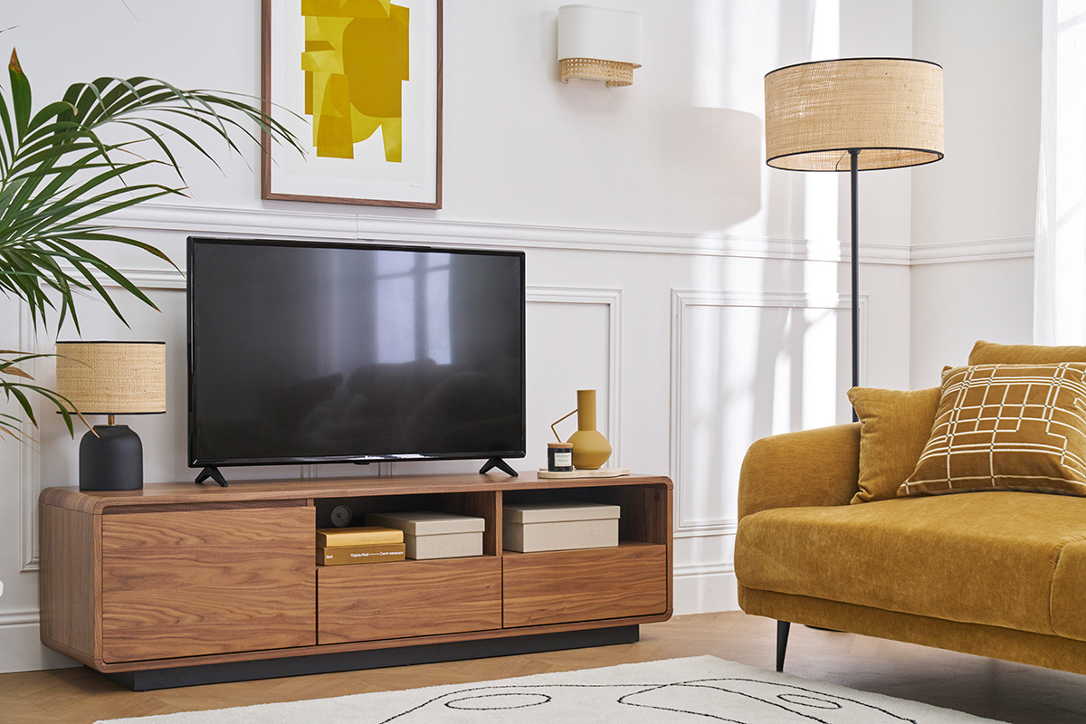 Meuble TV vintage en bois fonc� noyer et m�tal noir L160 cm JAKO
