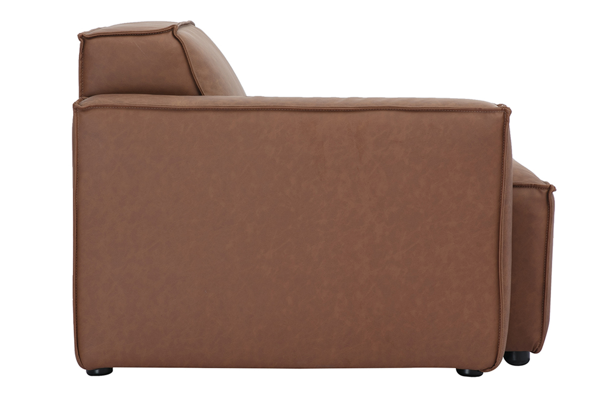 Module d'angle gauche pour canap� en cuir marron SPLIT avec pieds noirs discrets, vue de profil
