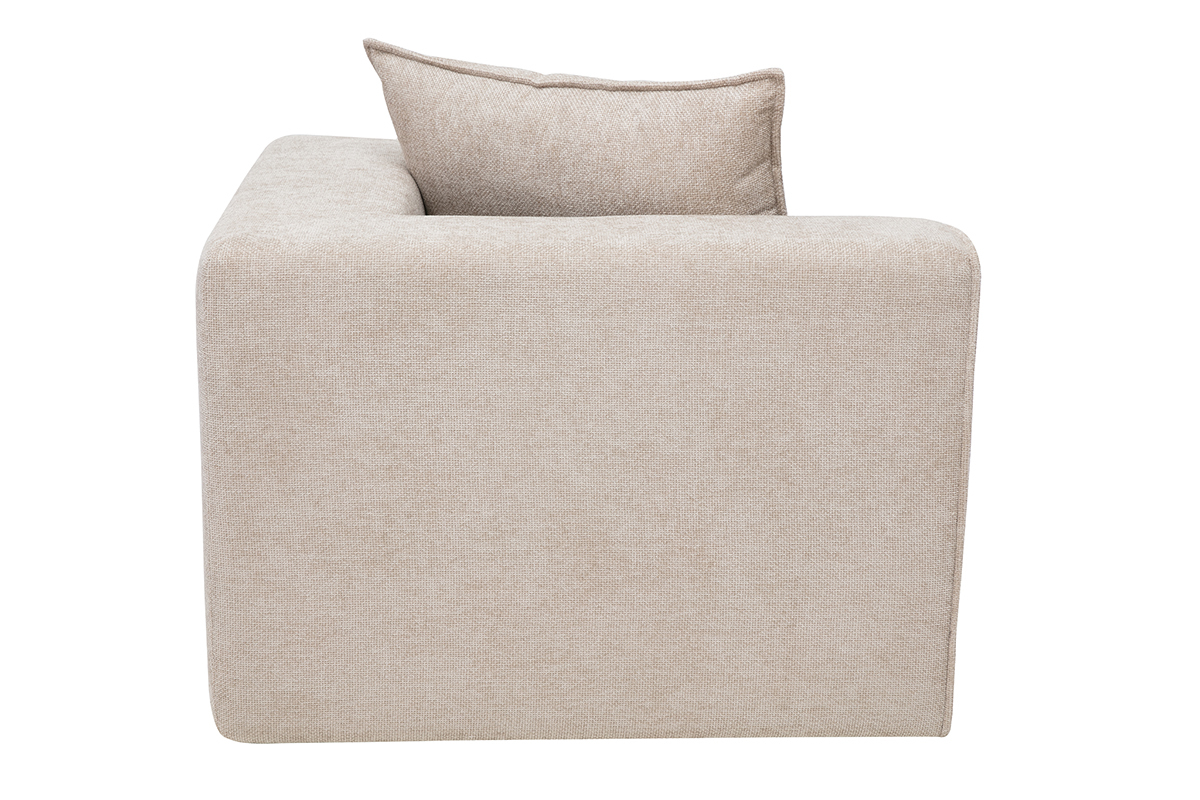 Module d'angle gauche KERRY en tissu velours textur� beige, vue de c�t� avec coussin de dossier