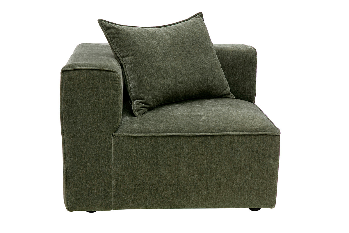 Module d'angle gauche KERRY en tissu velours vert kaki, avec coussin, vue de c�t�.