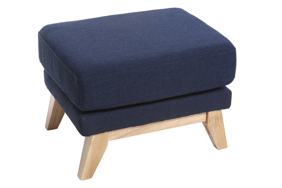 Pouf repose-pieds scandinave bleu fonc�, pieds en bois clair, vue d'angle.
