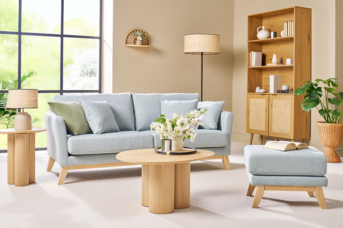 Pouf repose-pieds d�houssable scandinave en tissu vert lagon et bois clair OSLO