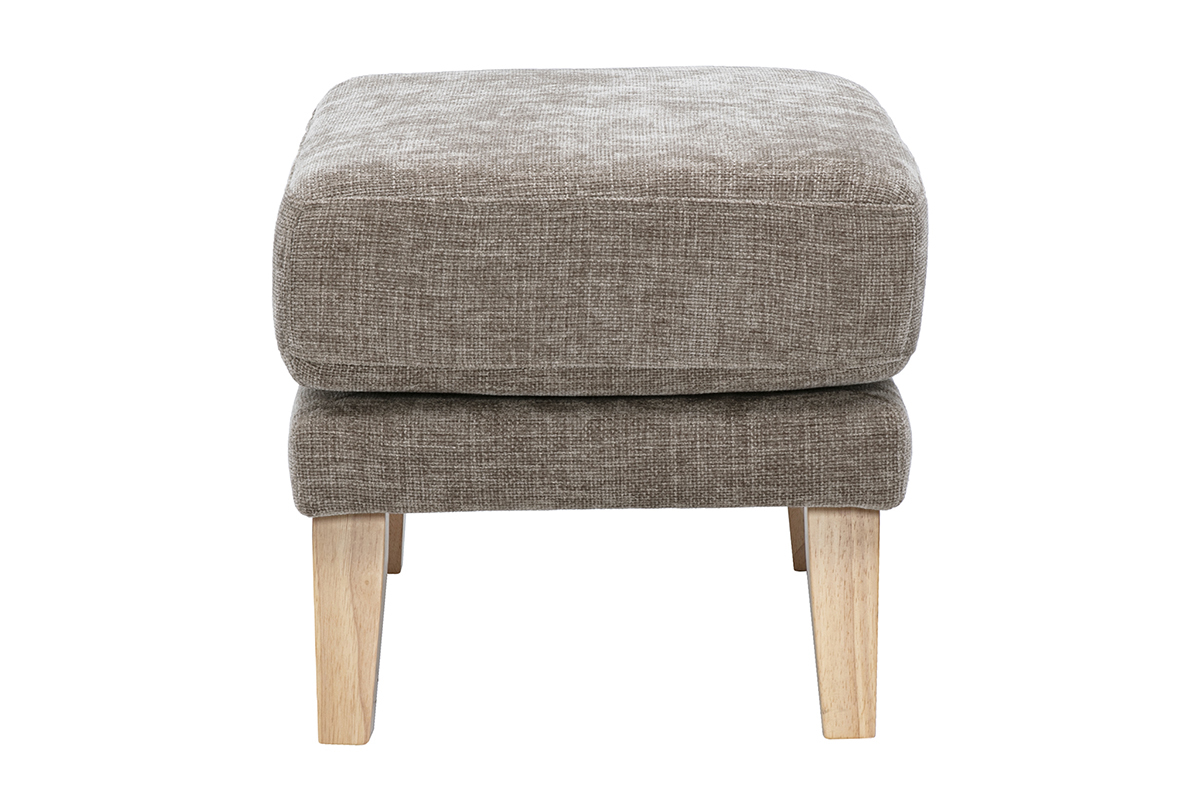 Pouf repose-pieds scandinave taupe en tissu effet velours, vue de profil sur pieds en bois clair.