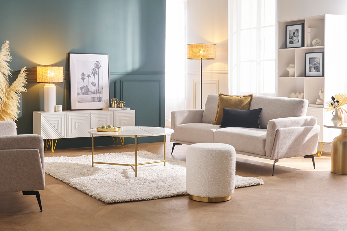Pouf rond en tissu effet laine boucl�e blanc cass� et m�tal dor� D40 cm AMAYA