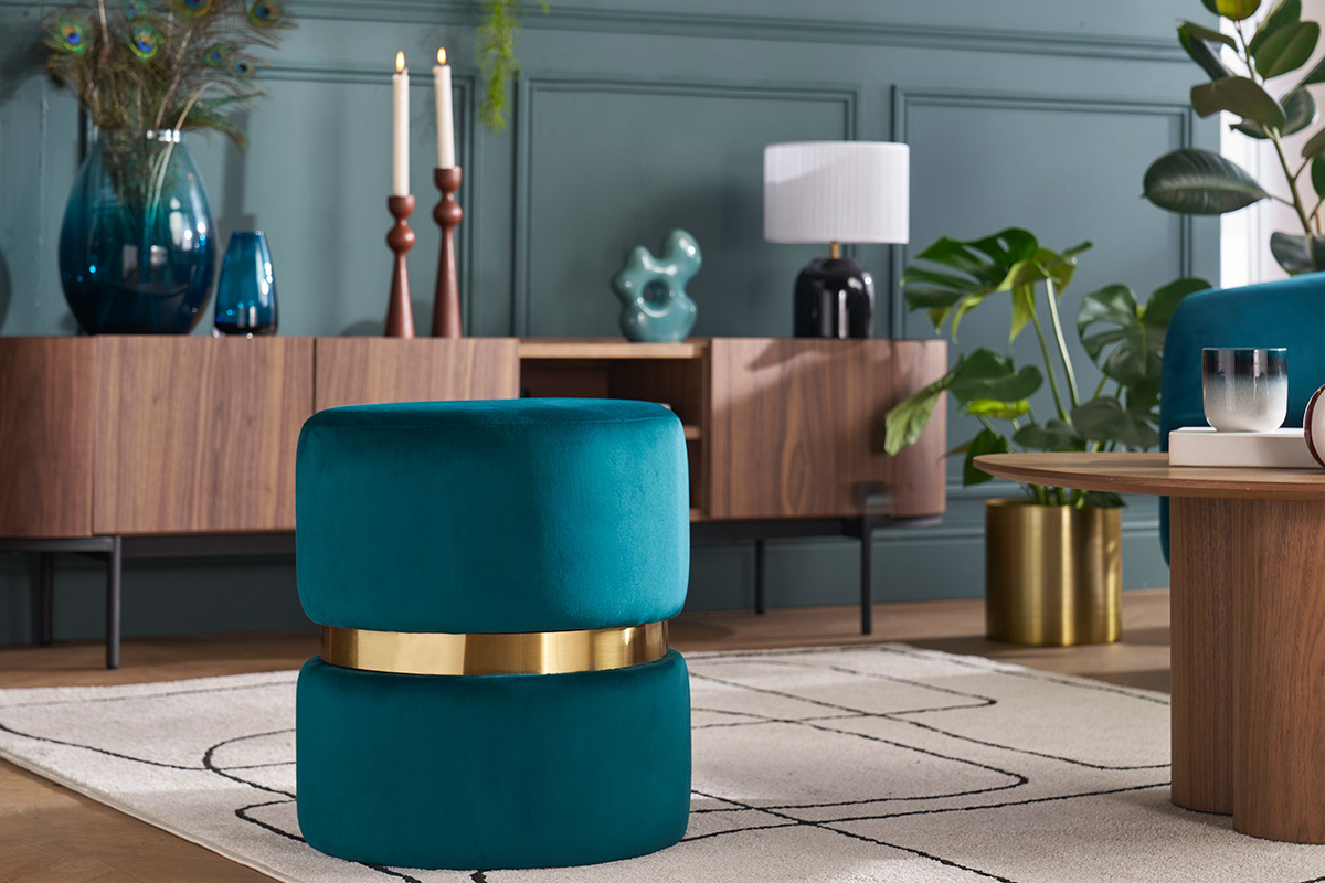 Pouf rond en velours bleu p�trole et m�tal dor� D40 cm JOY