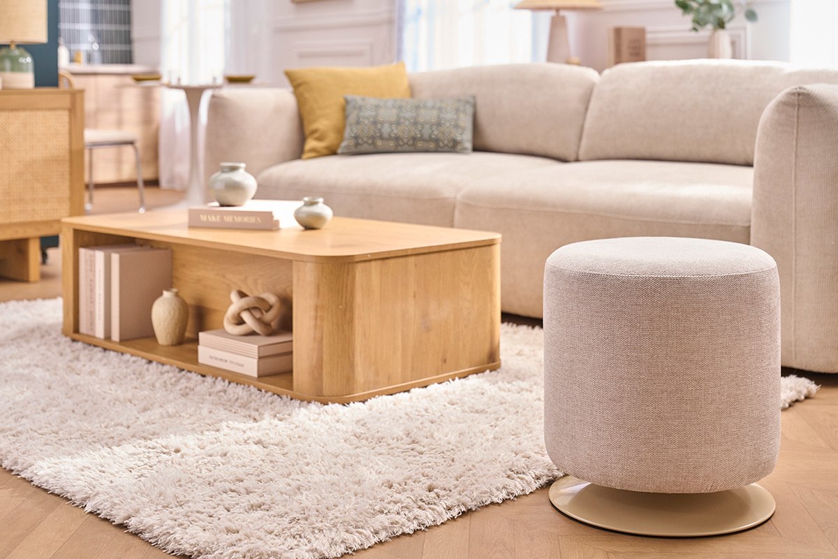 Pouf rond pivotant en tissu effet velours vert kaki et m�tal D39.5 cm VOLNAY
